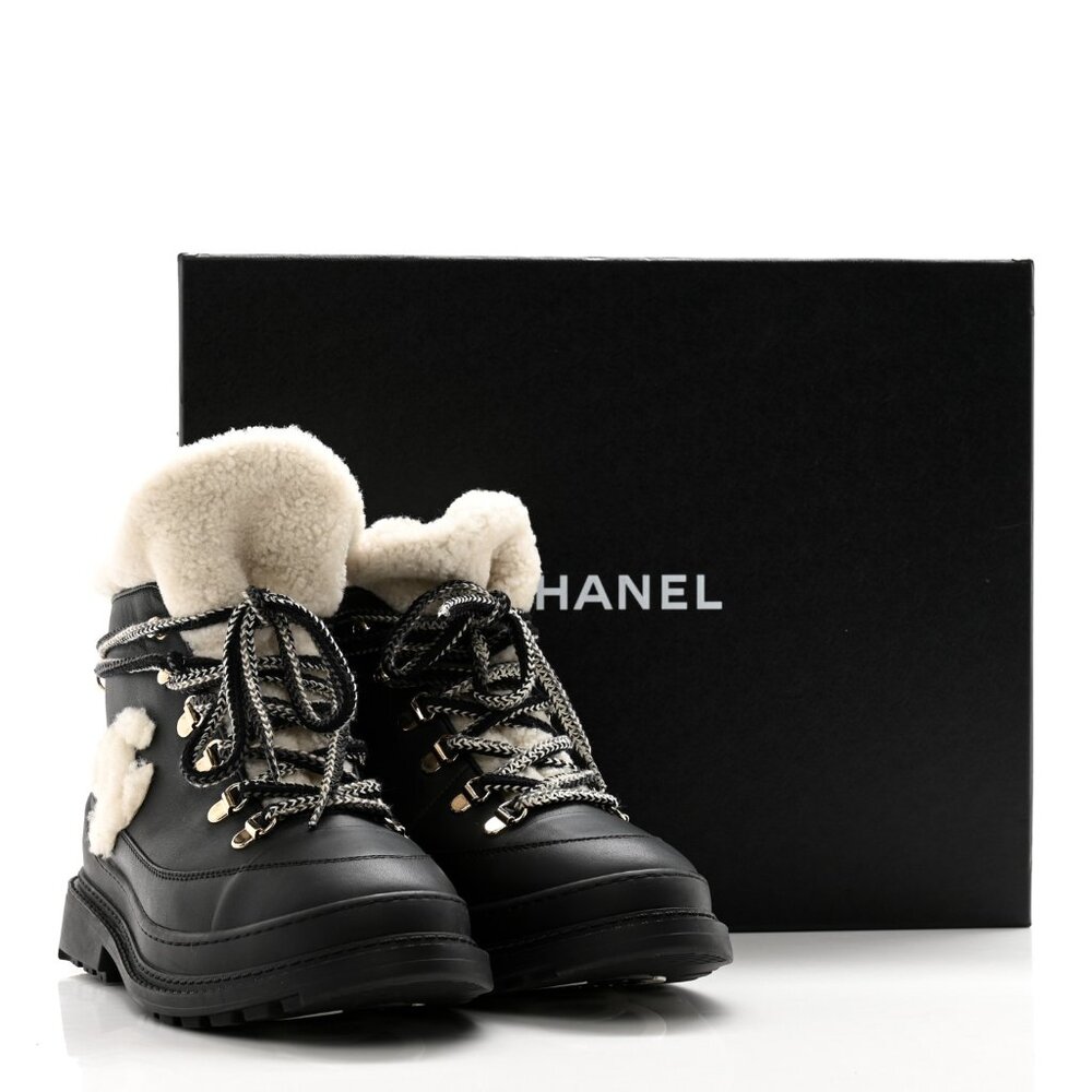 Chanel Calfskin Shearling CC Lace Up Boots 36.5 Black
